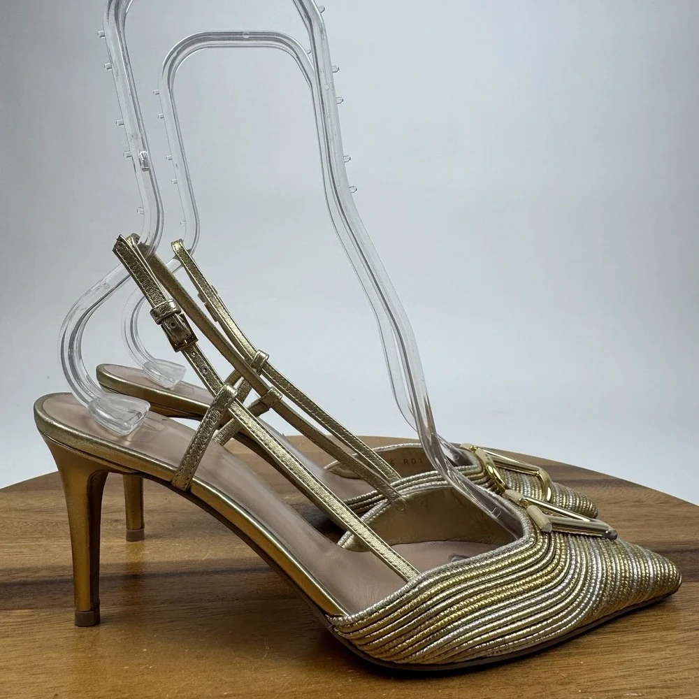 Womens Valentino Garavani VLOGO Gold Metallic Slingback Heels SZ 37.5 MSRP $1370